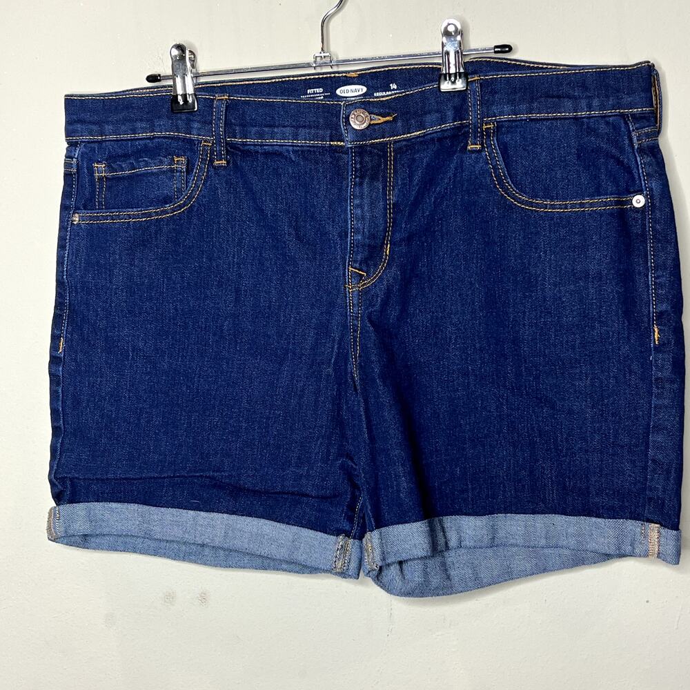 Old Navy Dark Wash‎ Zip Fly Folded Cuff Fitted Stretch Jean Shorts Size 14